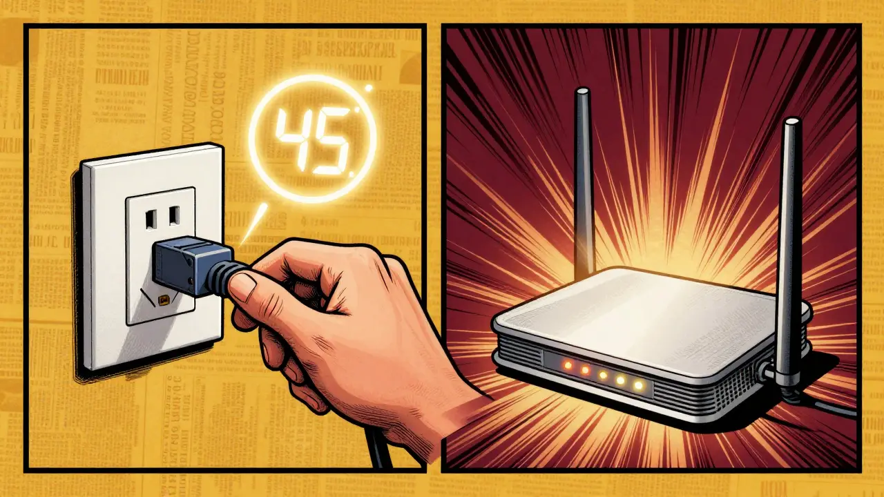 Ruka vypíná router s časovačem 45 sekund a postupně se zapínají kontrolky.