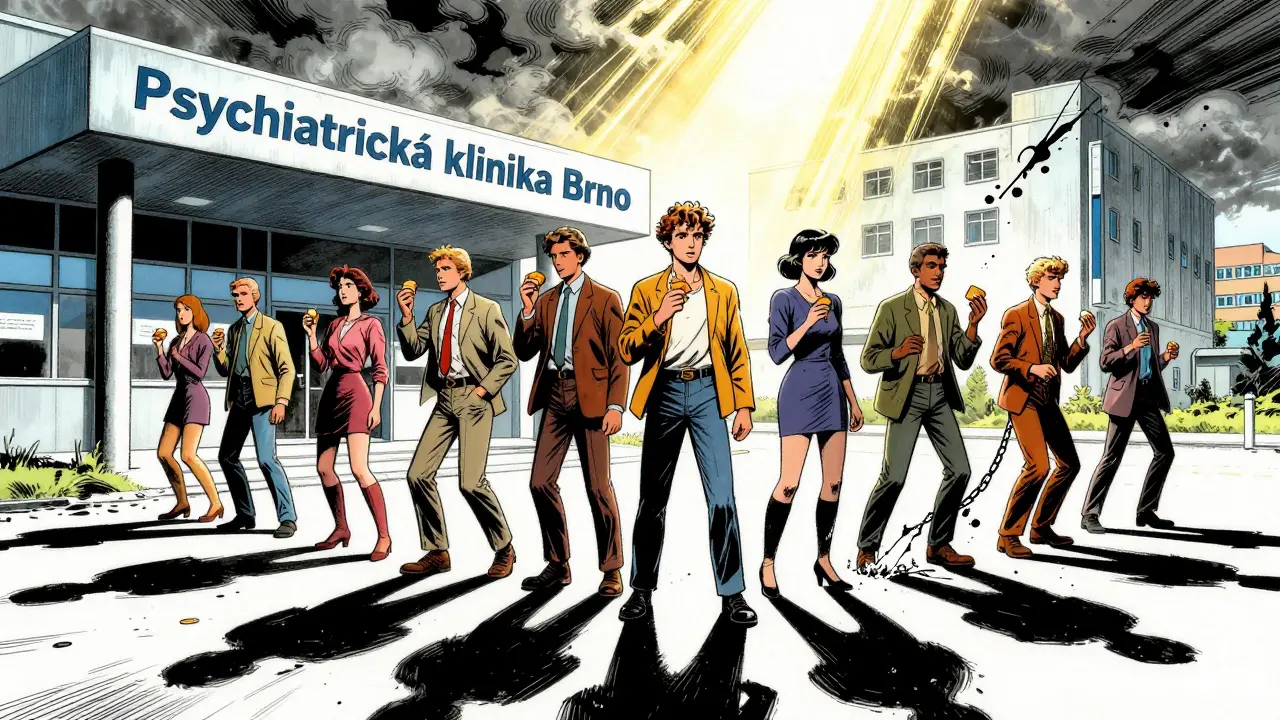 Různí lidé stojí před nemocnicí v Brně, jejich stíny se lámají, zatímco slunce proniká skrz mraky, symbolizující naději a léčbu.