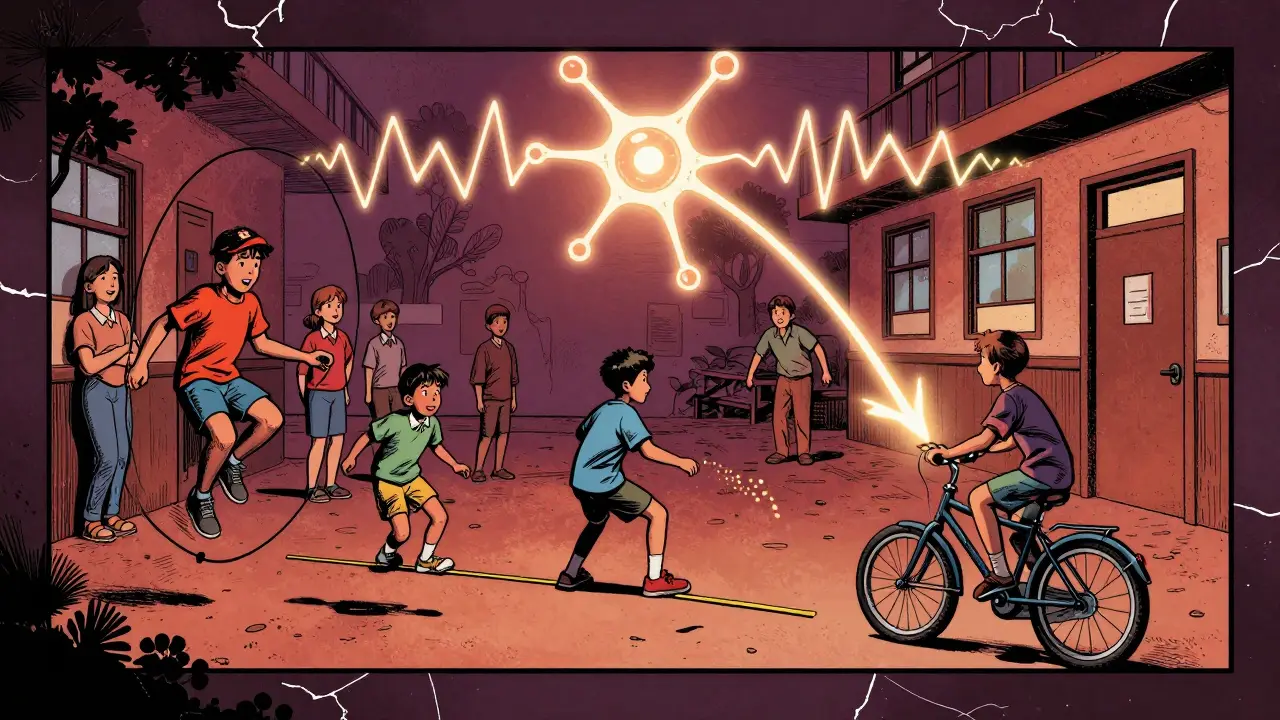 Skupina dětí cvičí různými způsoby, jejich pohyby vytvářejí světelné vlny spojené s neuronem.