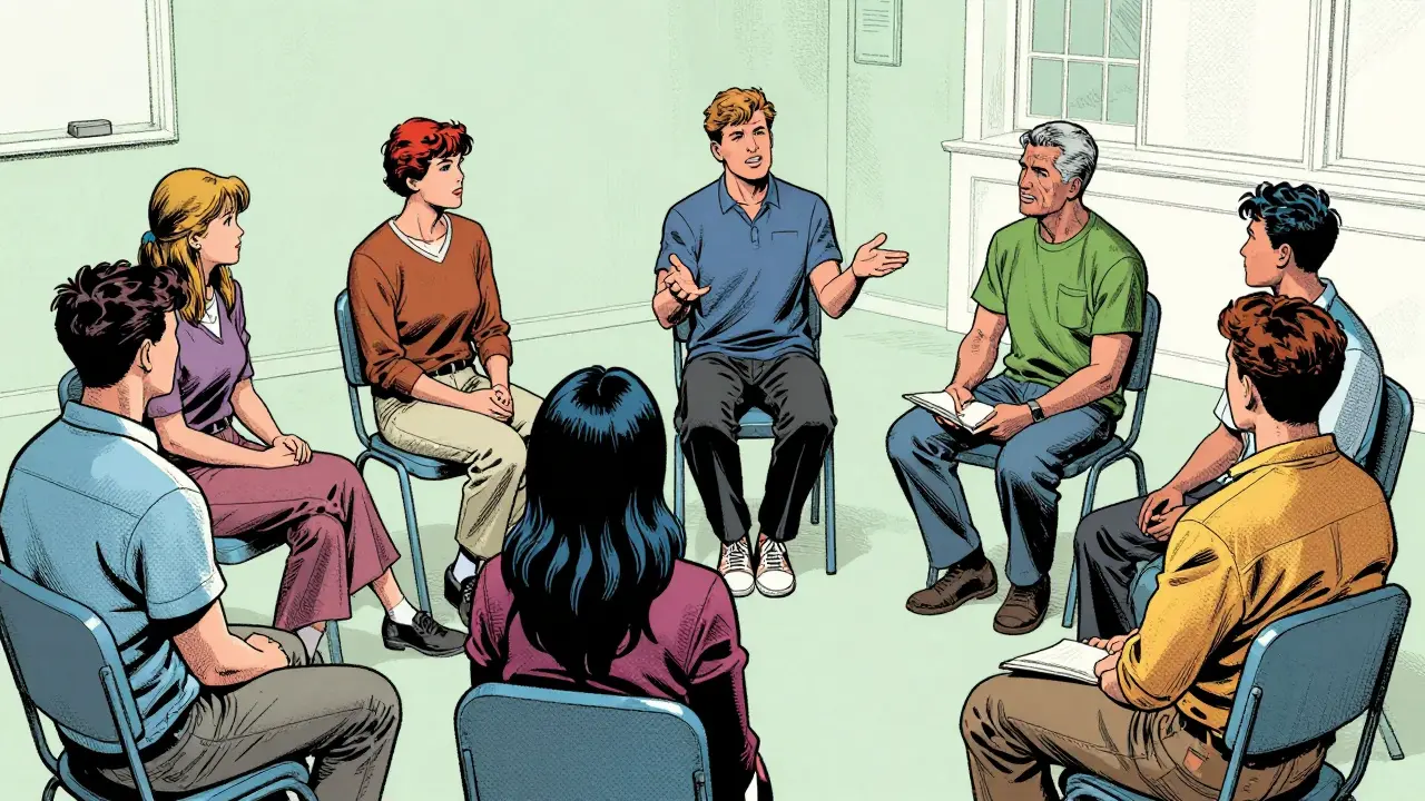 Skupinová terapie, účastníci cvičí komunikaci v podporujícím prostředí.