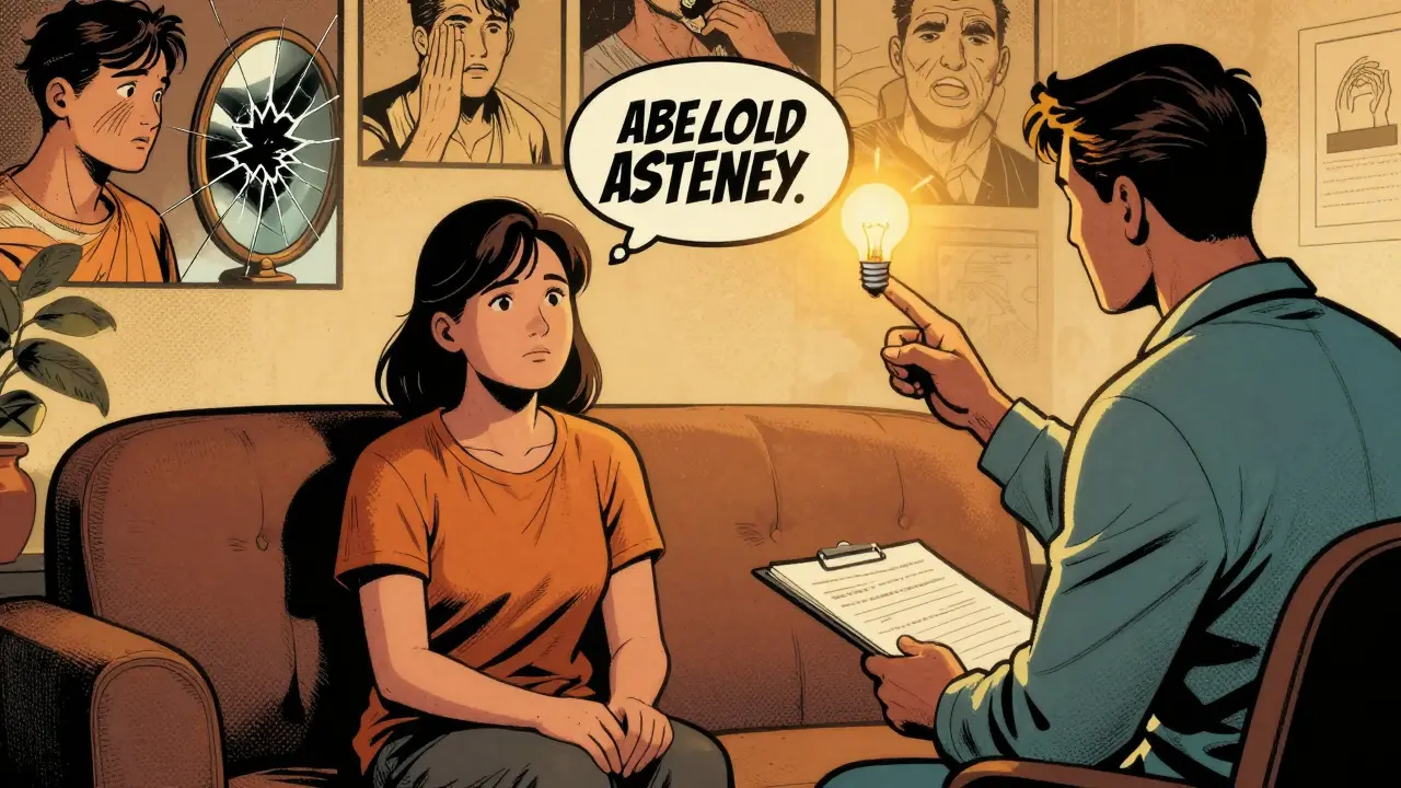 Terapeut a pacient sedí na pohovce, nad hlavou pacienta se objevuje světlo poznání, zatímco v pozadí se ukazují scény poruchy.