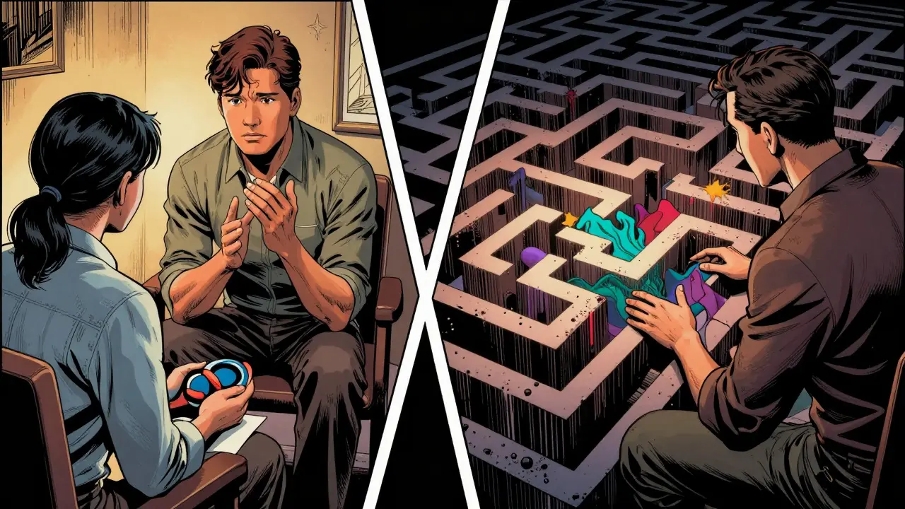 Terapeut poskytuje podporu v krizi a vede rekonstrukční terapii.