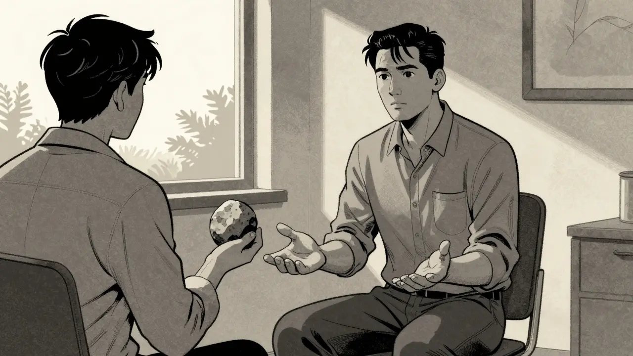 Terapeut poslouchá klienta držícího kámen jako symbol přítomného okamžiku.