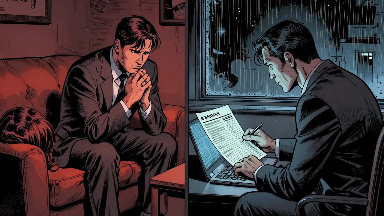 Terapeut poslouchá klienta v jedné části, v druhé se dívá na bankovní výpis v noci.