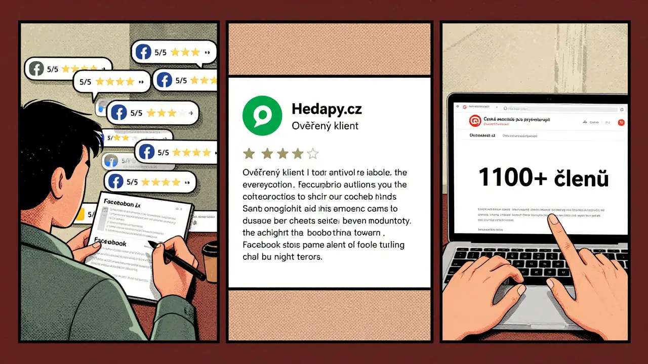 Tři panelové scény: Facebookové recenze, ověřená platforma Hedepy.cz a kontrola ČAP.