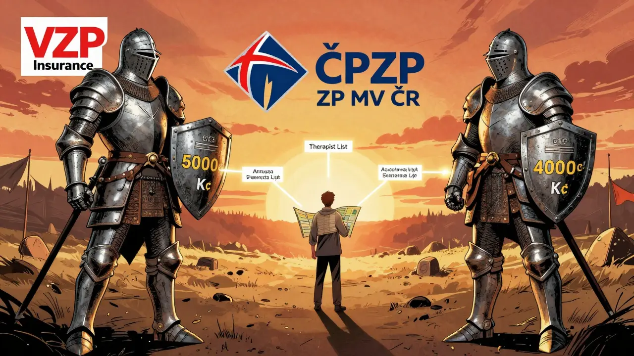 Tři zdravotní pojišťovny jako rytíři s štíty s částkami náhrady, zatímco pacient hledá akreditovaného terapeuta.