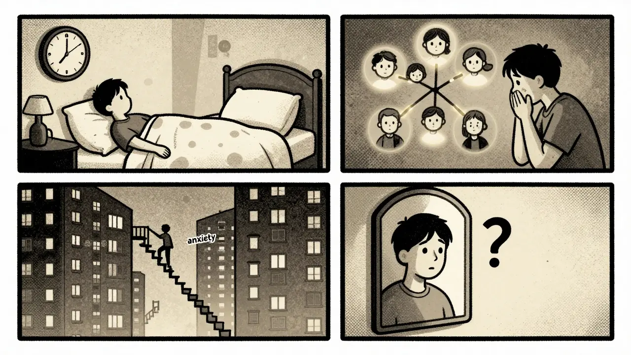 Čtyři scény znázorňují anamnézu: stres na práci, rodinné kořeny, nebezpečný byt a sebepoznání.