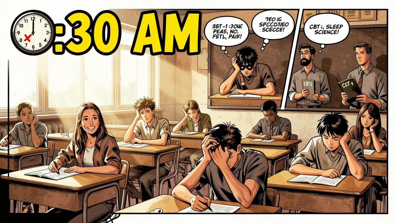 Czech classroom at 8:30 AM with alert students, split panel shows tired teen from earlier start time.