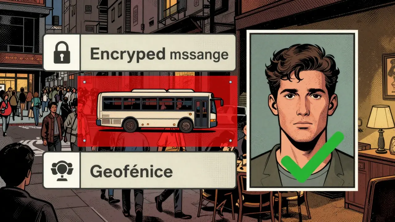 Digitální bezpečnostní systémy pro online terapii: šifrování, geofencing a rozpoznávání obličeje, znázorněné jako ikony v komiksové stylizaci.