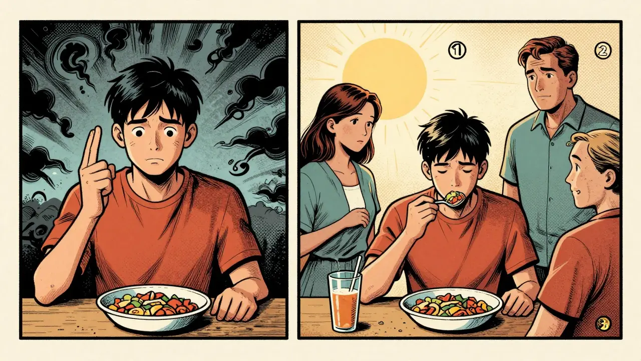 Dítě vlevo odmítá jíst, vpravo klidně jí s rodiči.