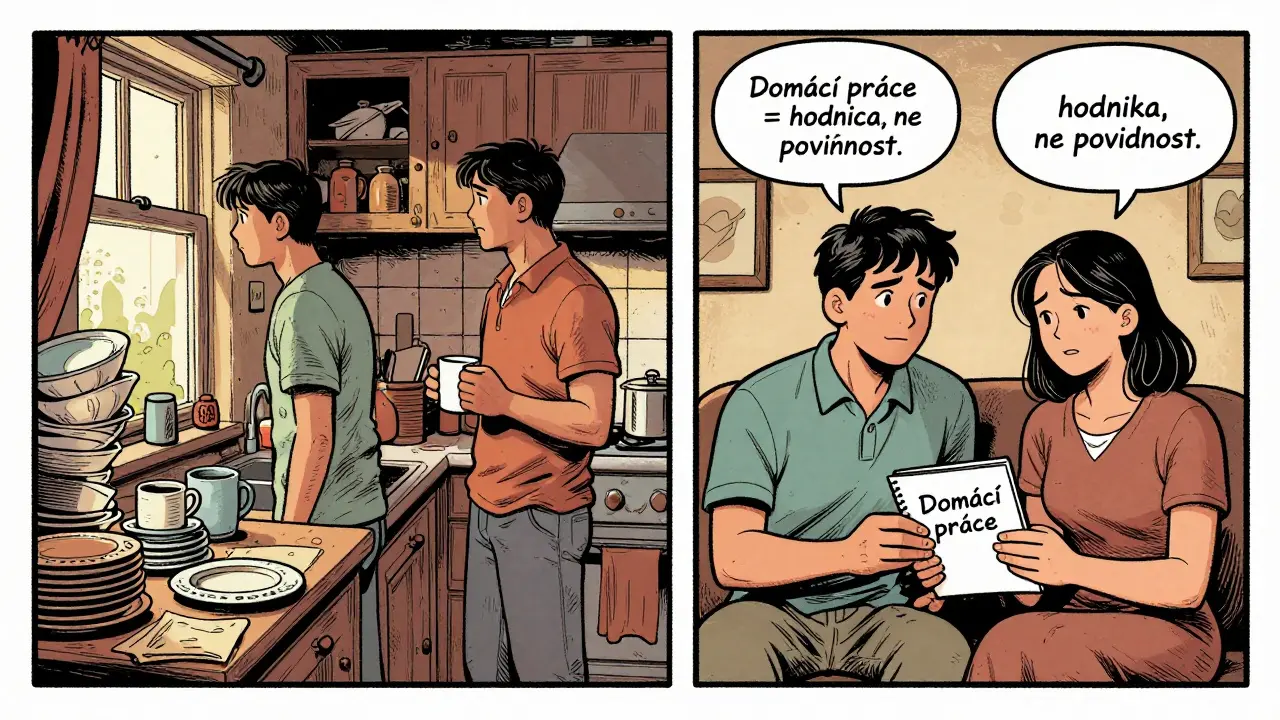 Dvě scény: jedna s hádkou v kuchyni, druhá s klidnou diskusí v terapii, kde pár objevuje skryté rozdíly v domácích pracích.