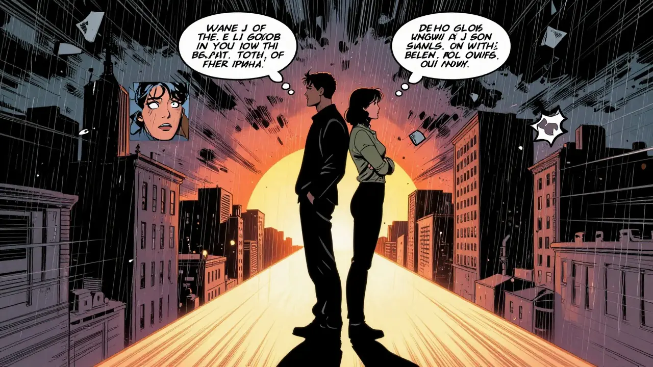 Dvojice stojí zády k sobě ve vichřici, jejich stíny se slévají do jednoho pod nimi, cesta světla vede k západu slunce.