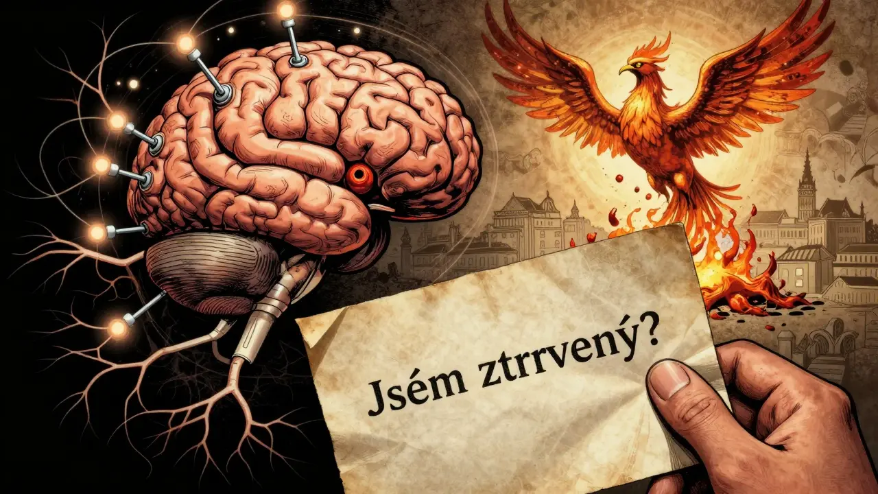 Futuristický mozek s elektrodami a vztyčující se fénix z popela rituálů, pozadí české město.