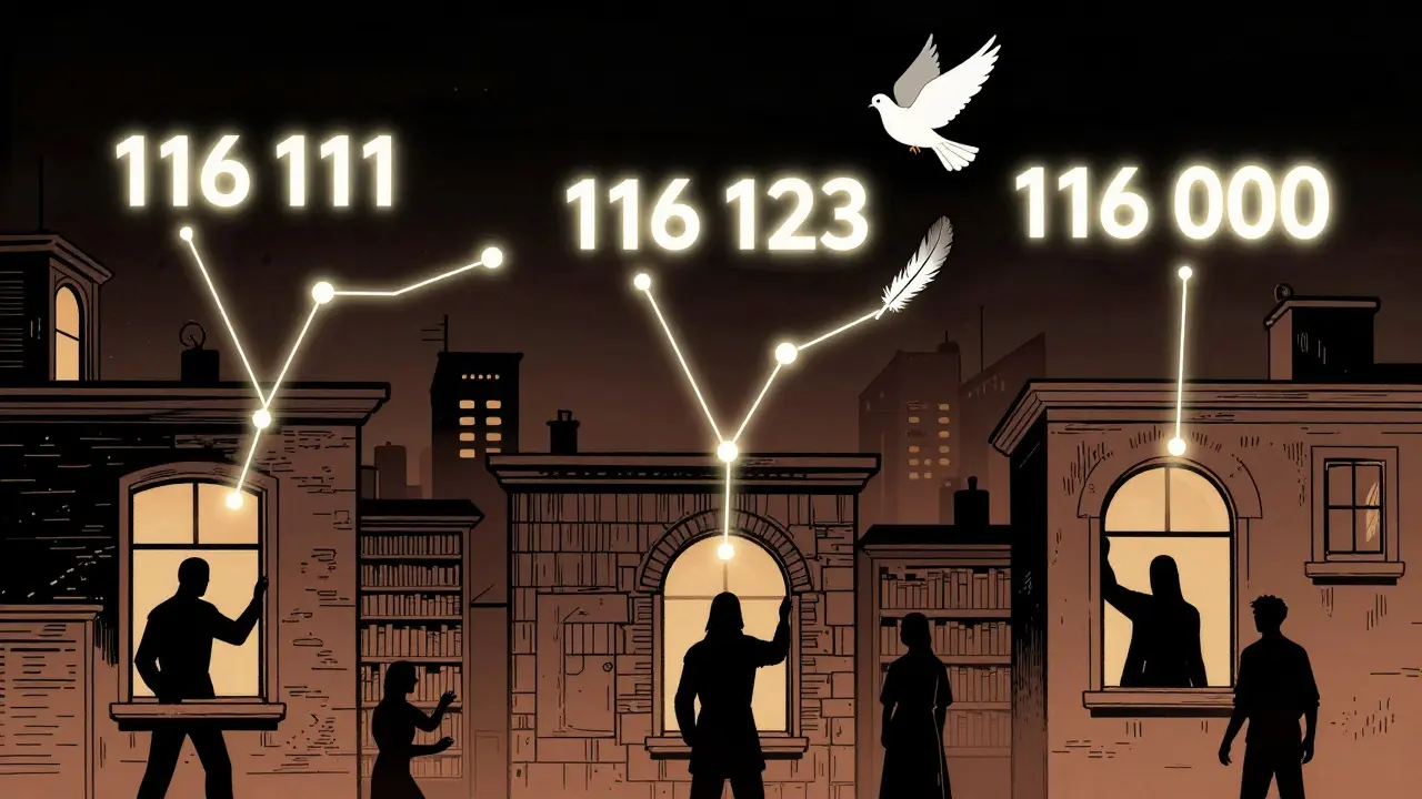 Glowing emergency numbers in night sky connected to shadowy figures across city.