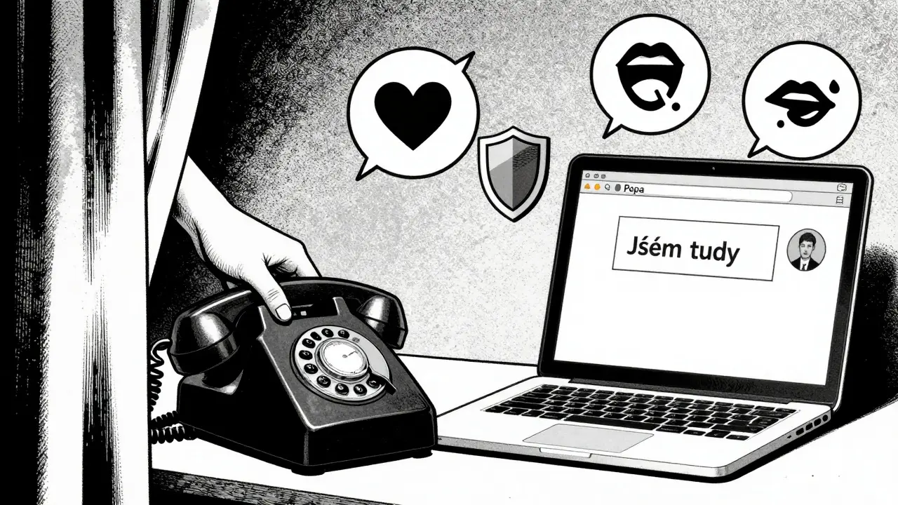 Hand pressing phone button while chat message 'Jsem tady' appears on screen.