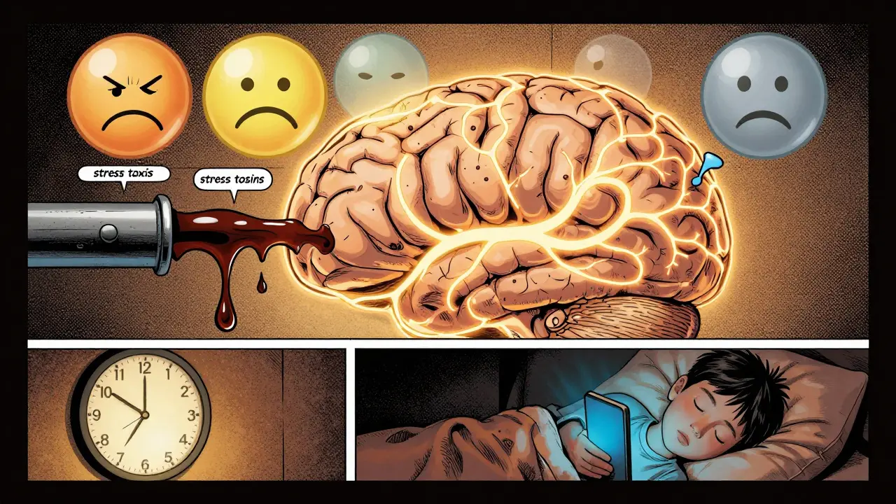 Healthy brain in deep sleep, cleaning toxins as emotions fade into calm memories, warm light contrasts cold phone glow.