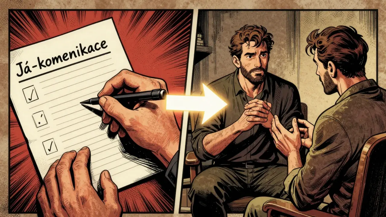 Klient píše tři body na papír a pak je hovoří terapeutovi.