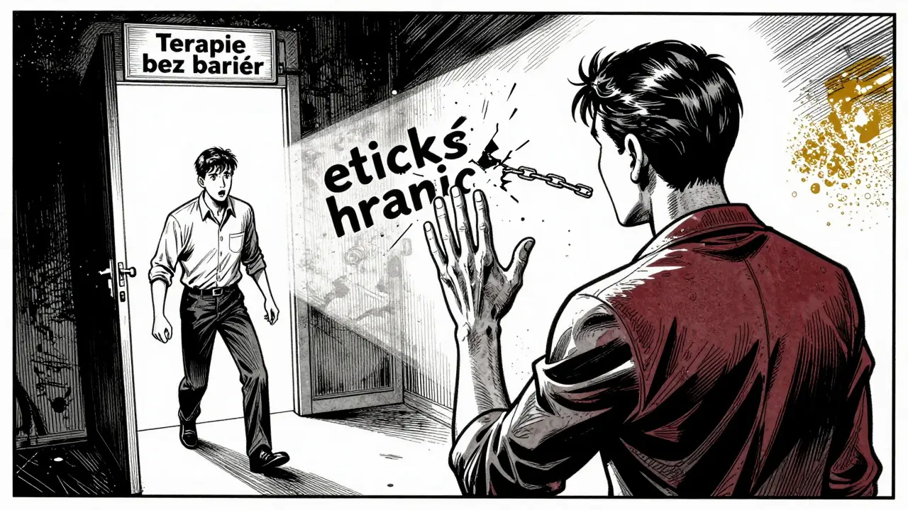 Klient tvrdě stojí u hranic, terapeut se vzdaluje, za nimi otevírá se dveře.