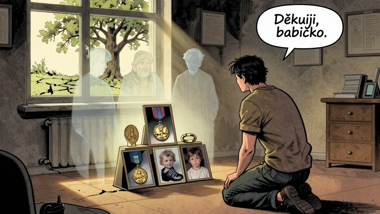 Klient v terapeutickém kanceláři před altářem s rodinnými předměty, zatímco průhledné postavy předků mizí ve světle.