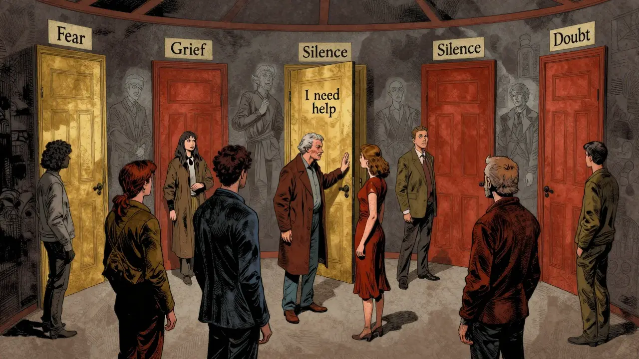 Lidé v kruhu s dveřmi symbolizujícími emoce, jeden se odváží říct 'Potřebuji pomoci' ve stylu bronzového věku komiksu.