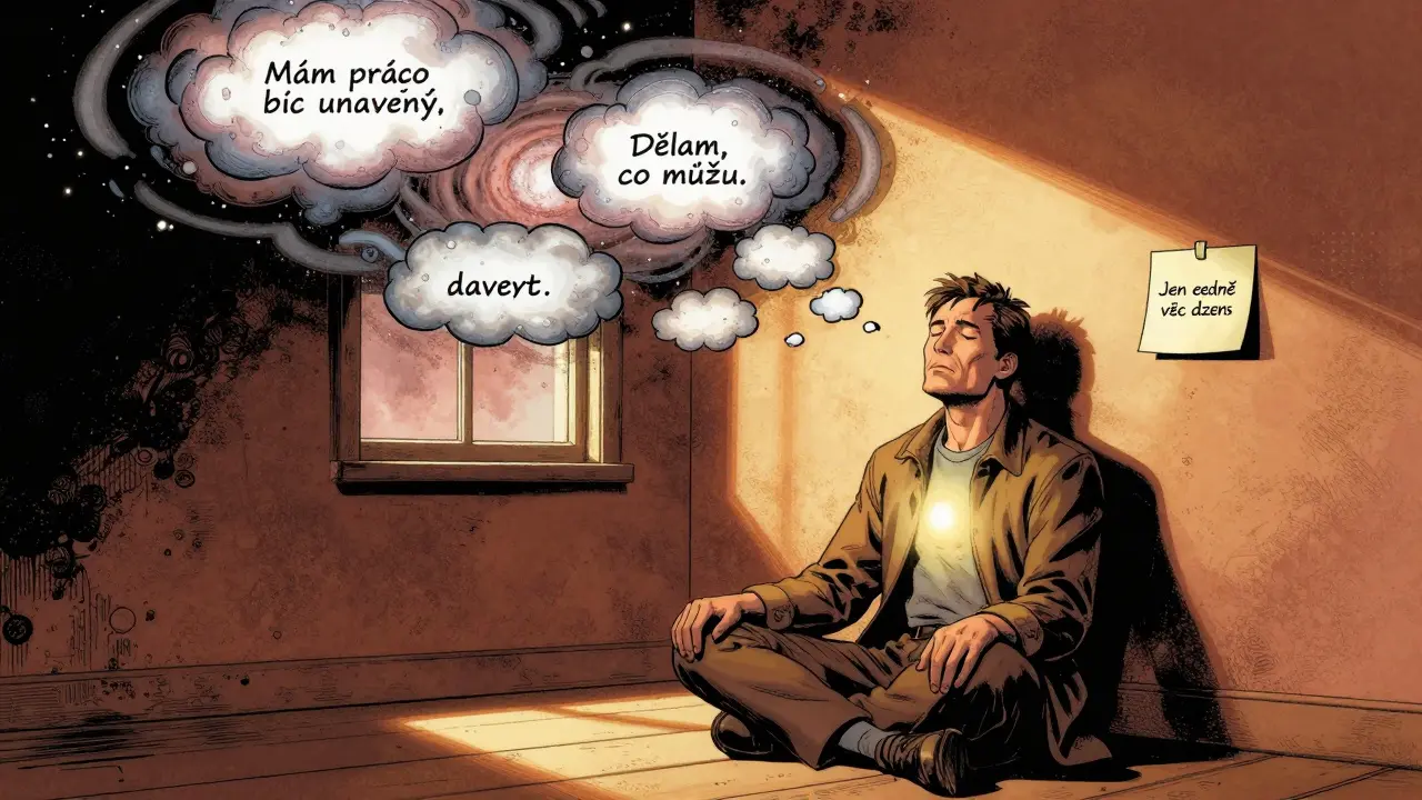 Muž medituje na podlaze v ranním světle, myšlenky se mění v klidné fráze.