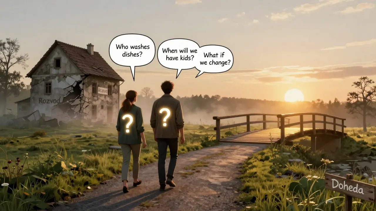 Pár kráčí cestou, kde každý krok představuje otázku vztahu, zatímco rozvod zaniká a most do budoucnosti září.