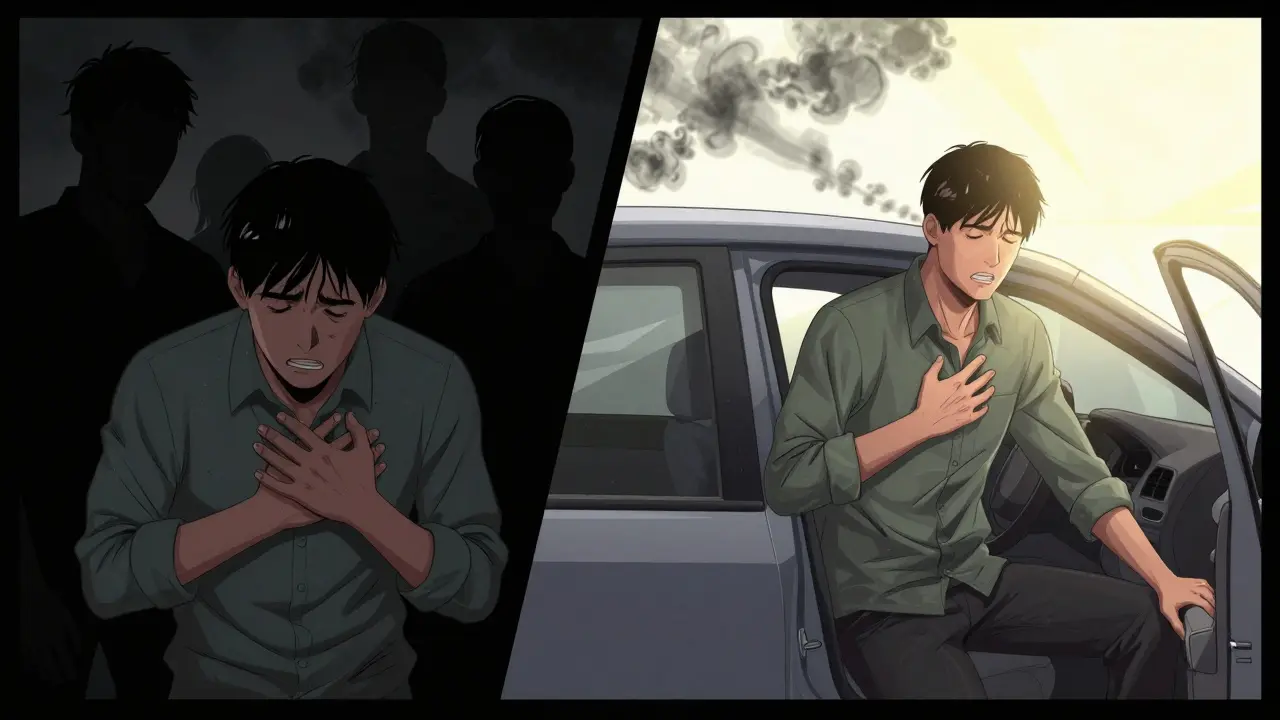 Před a po: stejná osoba dříve v strachu a později klidně nastupující do auta, symbolizující překonání úzkosti.