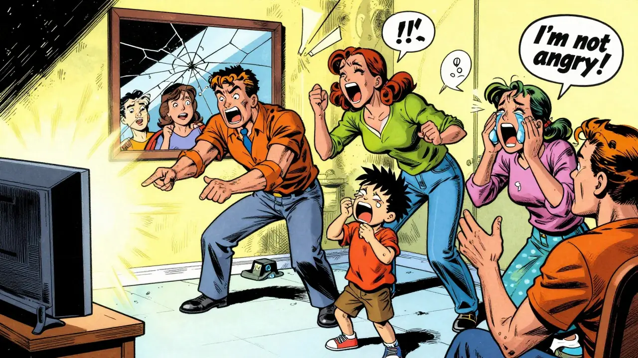 Rodina provádí paradoxní příkazy terapeuta — každý reaguje přehnaně, zatímco zrcadlo odhaluje jejich skutečné emoce.