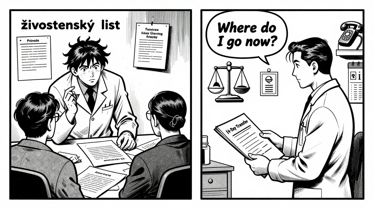 Rozdíl mezi nezodpovědným terapeutem a profesionálem s dokumentací v komiksové scéně.