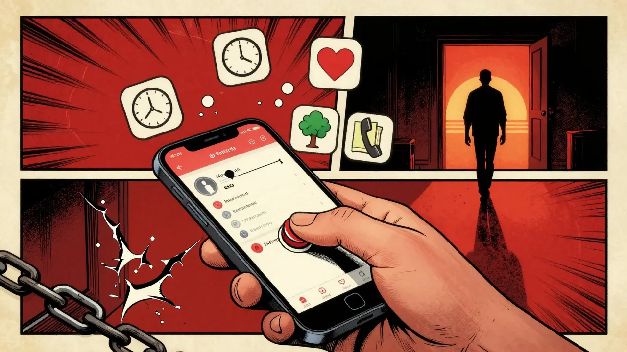 Ruka tlačí tlačítko nouzového plánu na telefonu s nástroji pro abstinenci.