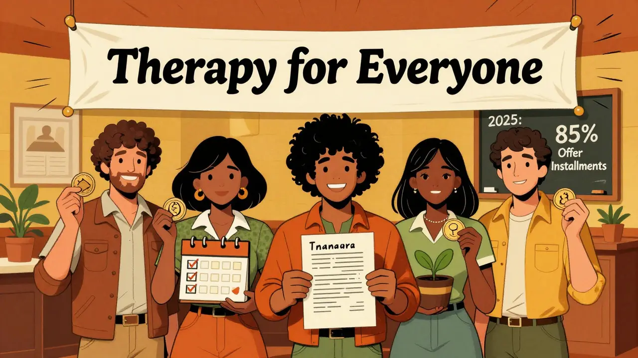 Různí klienti přinášejí různé formy platby za psychoterapii v komunitním centru.