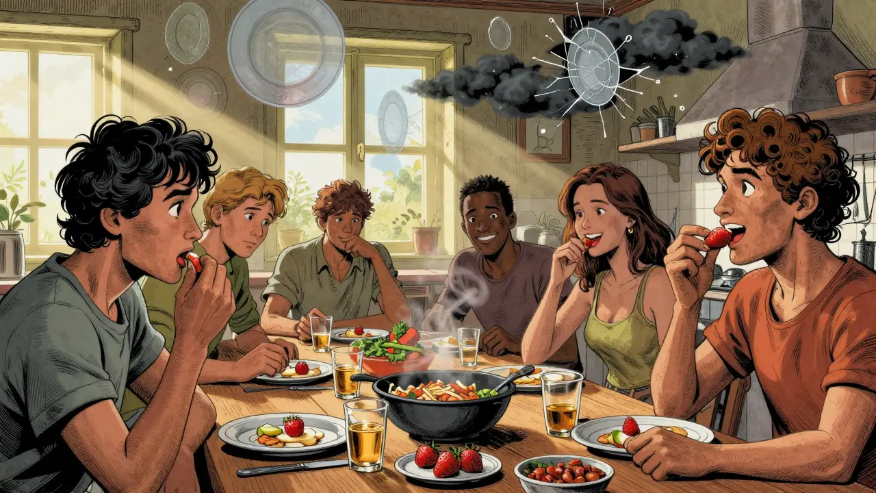 Skupina lidí společně jídlí, jejich minulé strachy se rozplynuvší v světle.