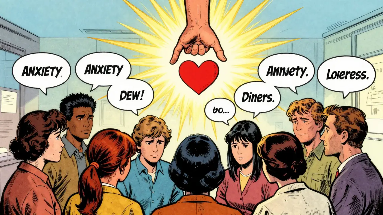 Skupina lidí ve kruhu, jejich myšlenky spojuje světlo srdce, zdůrazňující společnou lidskou zkušenost.