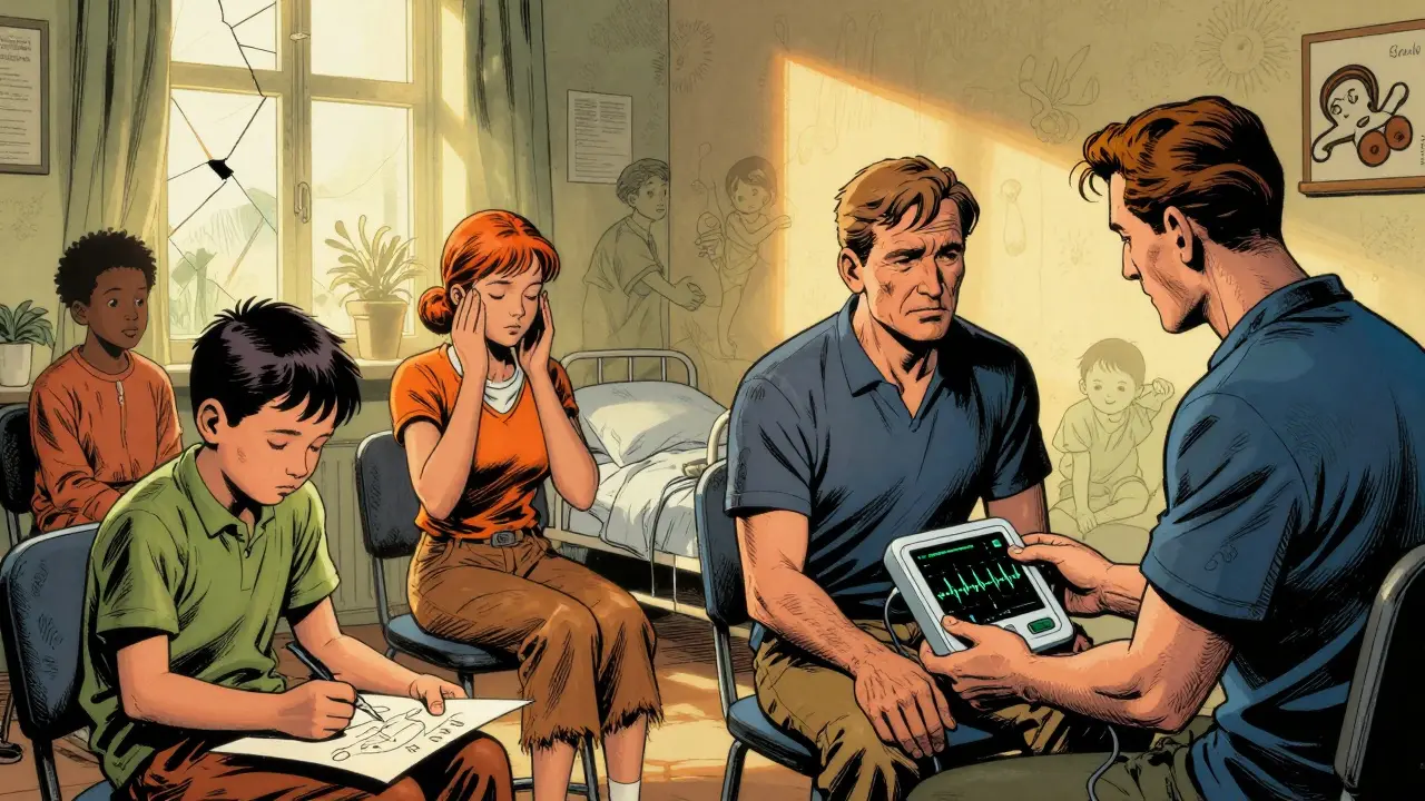 Skupina pacientů v české terapeutické místnosti s biofeedback zařízením a postupným uvolňováním traumatu.