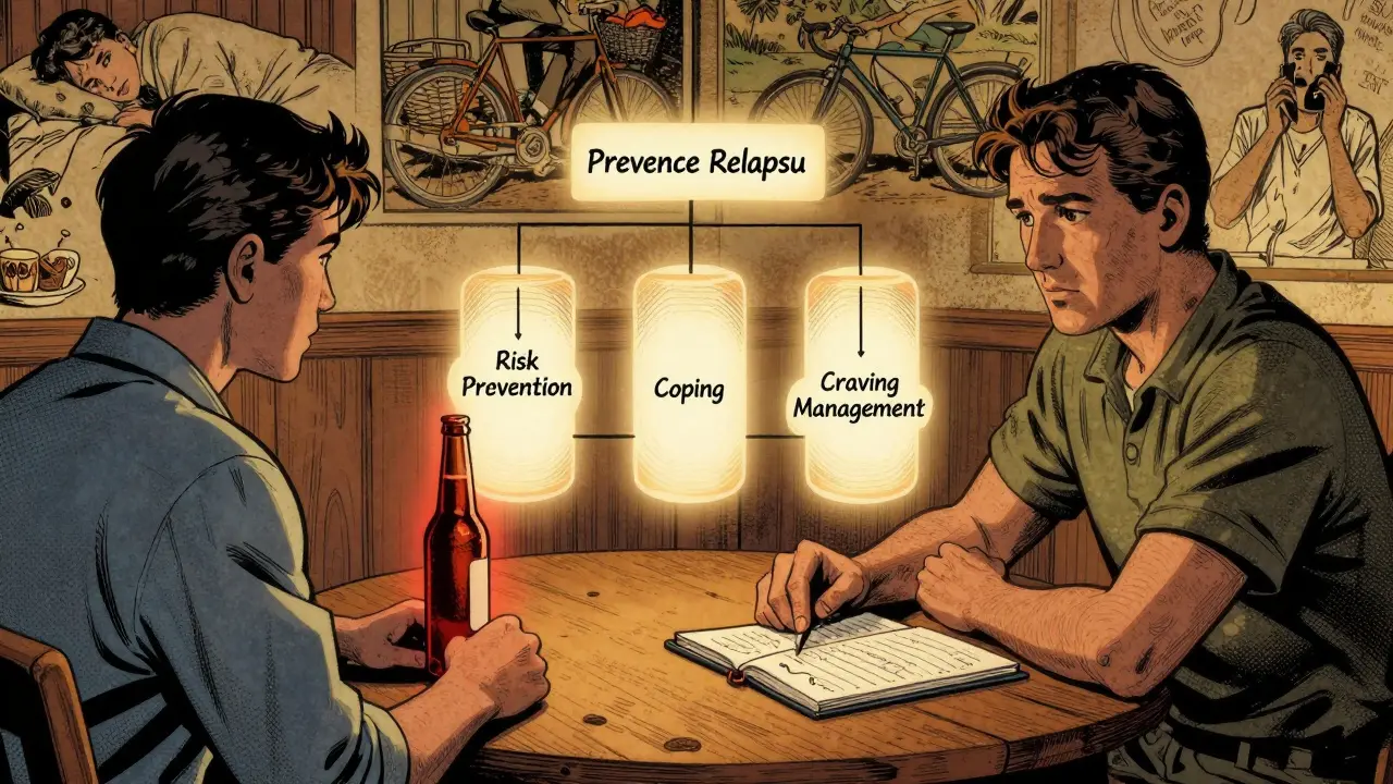 Terapeut a klient analyzují plán prevence relapsu s významnými pilíři ve vzduchu.