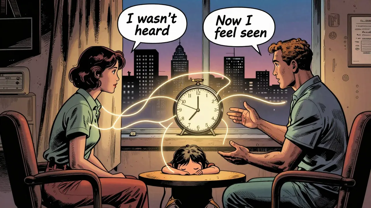 Terapeut a klient spojeni neviditelnými nitkami, které představují jejich minulost a pocit slyšení.