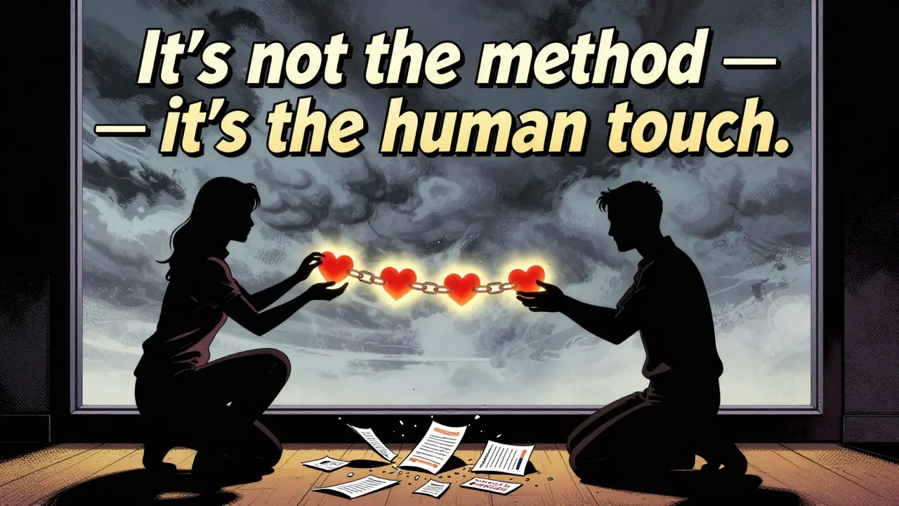 Terapeut a klient spojeni řetězem srdcí, zatímco diagnózy padají na zem, symbolizující důležitost vztahu.