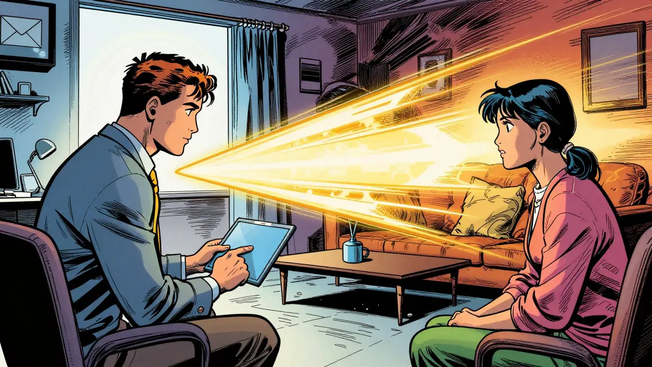 Terapeut a klient spojeni světelným mostem přes obrazovku