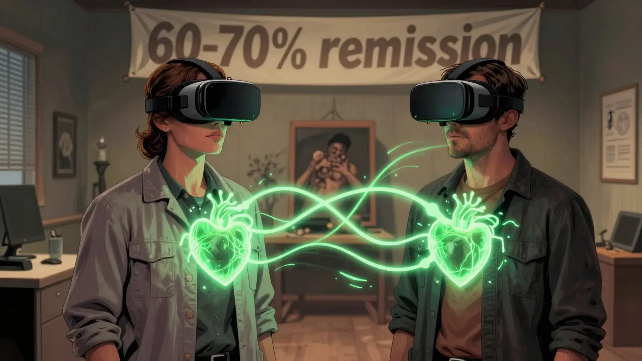 Terapeut a pacient ve virtuální realitě, kde se traumatická událost změnila v bezpečnou, kontrolovanou zkušenost.
