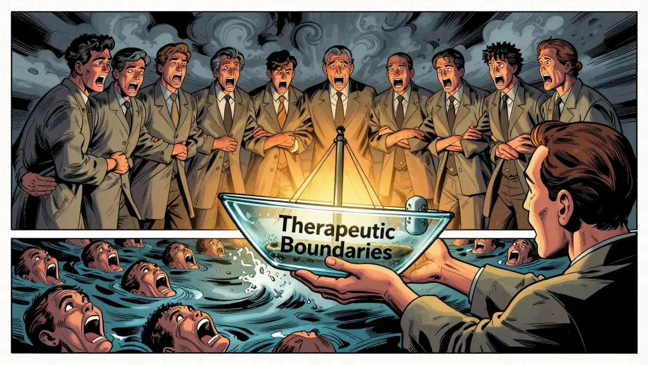 Terapeut drží skleněnou loď s hranicemi na bouřlivém moři, kolem něj tým terapeutů tvoří ochranný kruh.