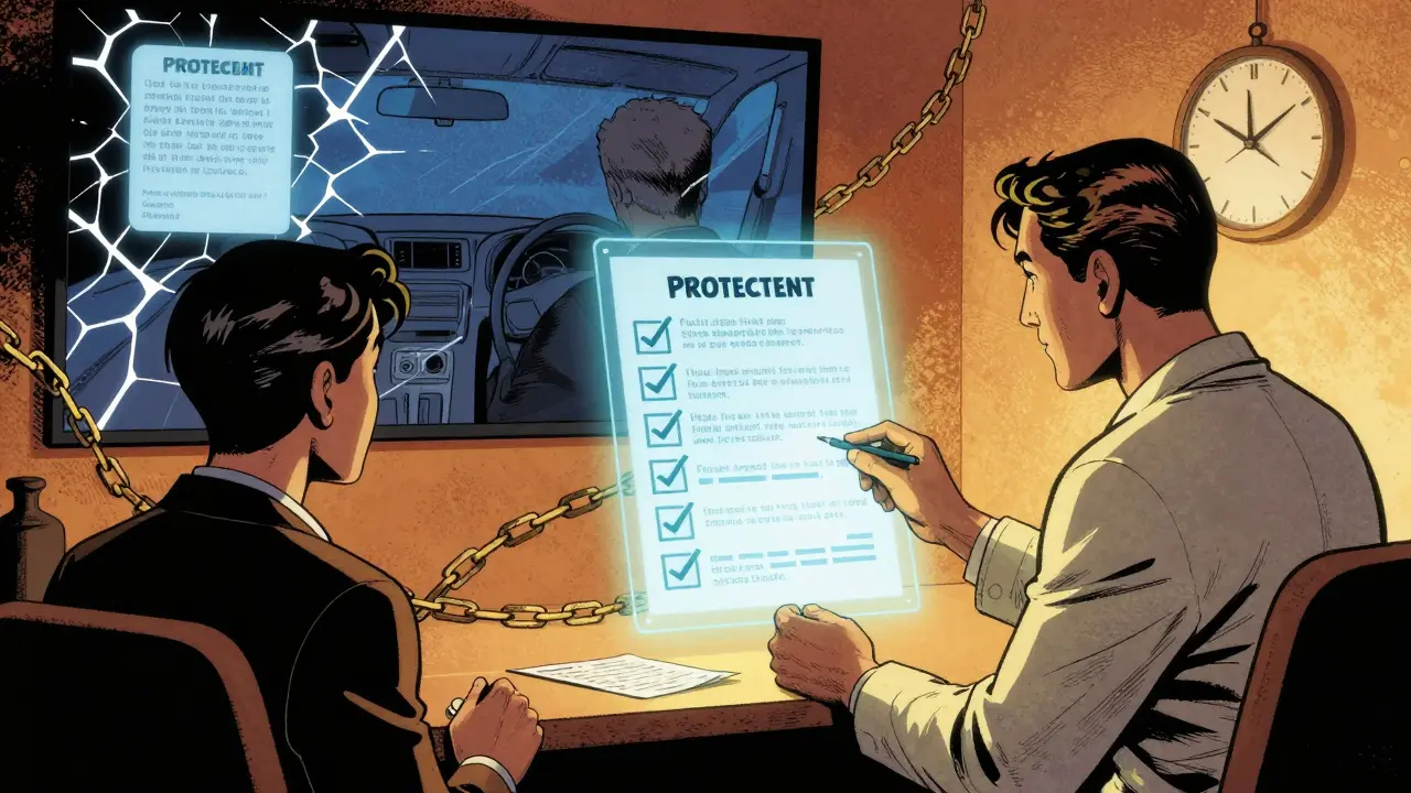 Terapeut přehlíží protokol hranic, zatímco za ním se objevují vize selhání online terapie a blockchainová ochrana.