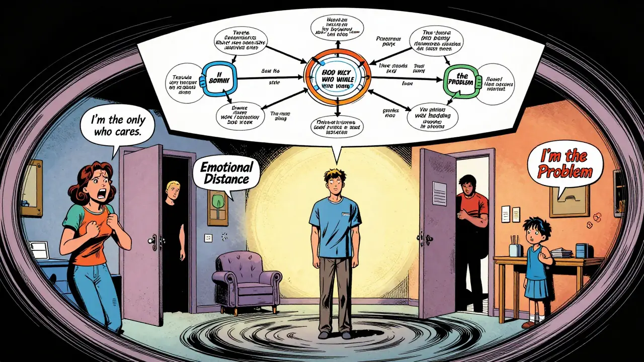 Terapeut stojí uprostřed víru rodinných rolí, nad nimi se vznáší genogram s traumatem přes tři generace.