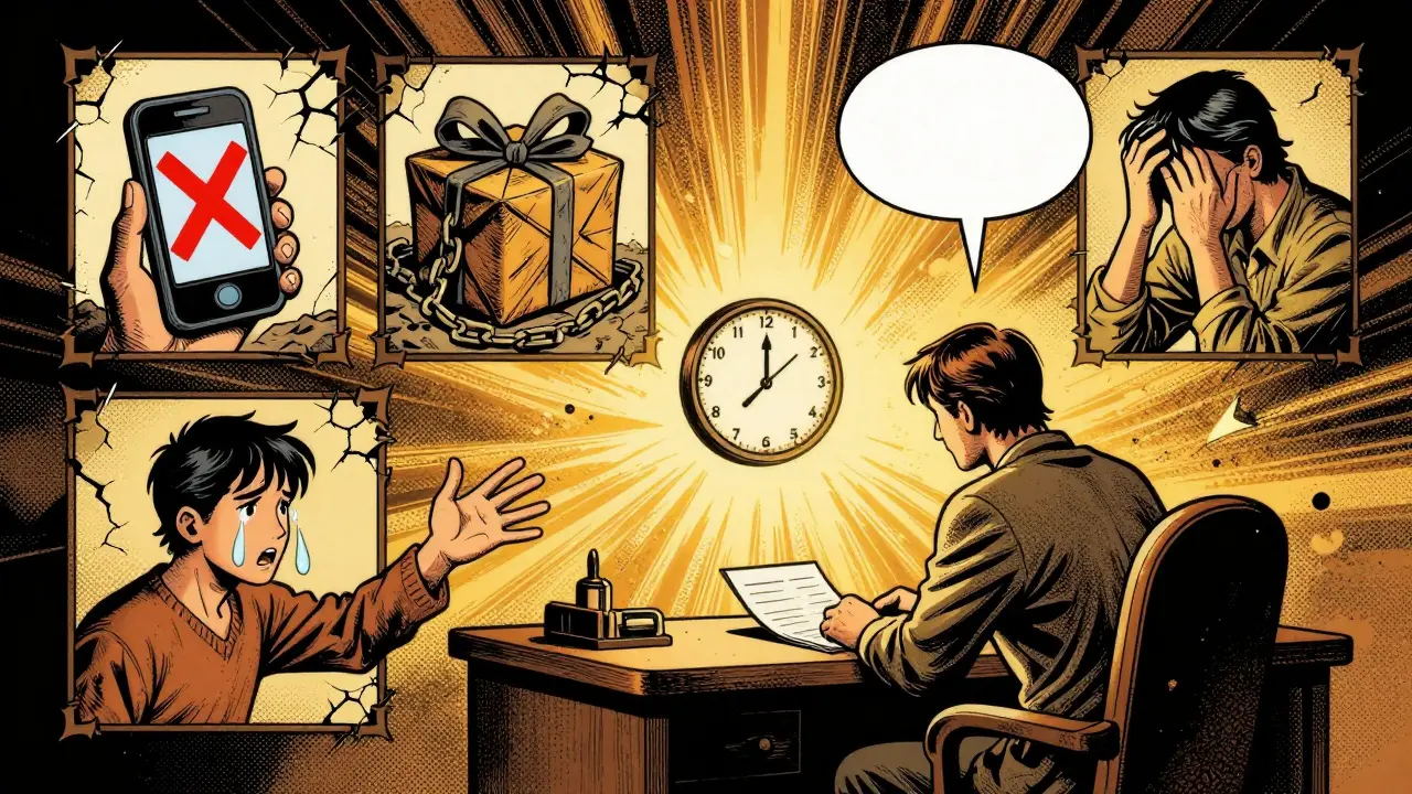 Terapeut v kanceláři s hodinami, čtyři panely ukazují zákazy a hranice v terapii hraniční poruchy osobnosti.