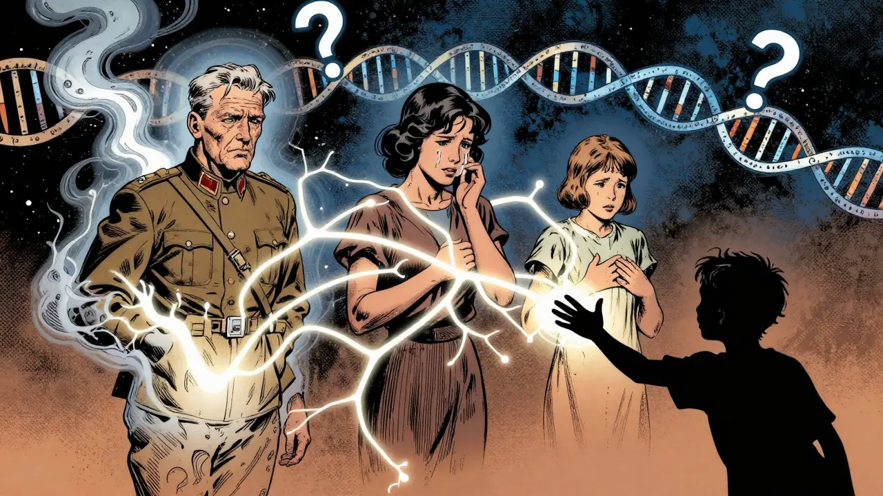 Transgenerační rodinný strom s třemi generacemi spojenými zářivými cestami, kde předek z války mizí v kouři a dítě je táhnuvší stín.