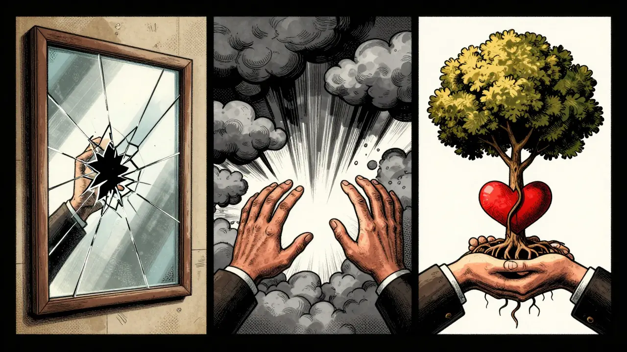 Tři panely znázorňují fáze terapie: rozbité zrcadlo, ruce přes stěnu a ruce držící strom s kmenem ve tvaru srdcí.