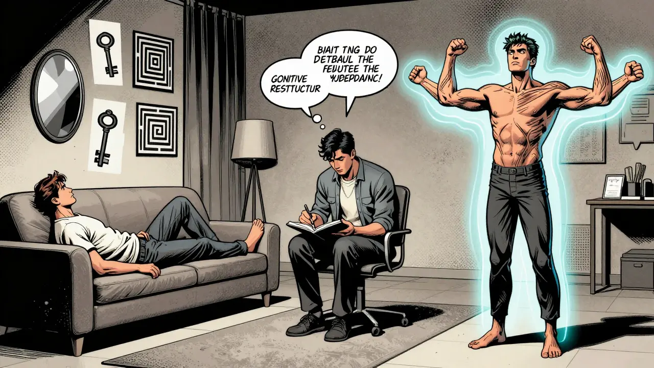 Tři přístupy psychoterapie v jedné místnosti: psychoanalýza, KBT a tělesná terapie, zobrazené jako vizuální energie v komiksové stylizaci.