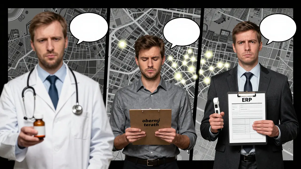 Tři typy terapeutů: psychiatr, obecný psycholog a specialista s certifikacemi, před mapou ČR s omezenými centry.