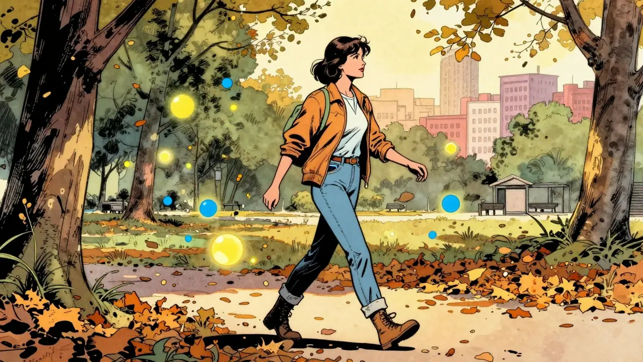 Žena chodí v parku při západu slunce, kolem ní plavou chemikálie nálady.