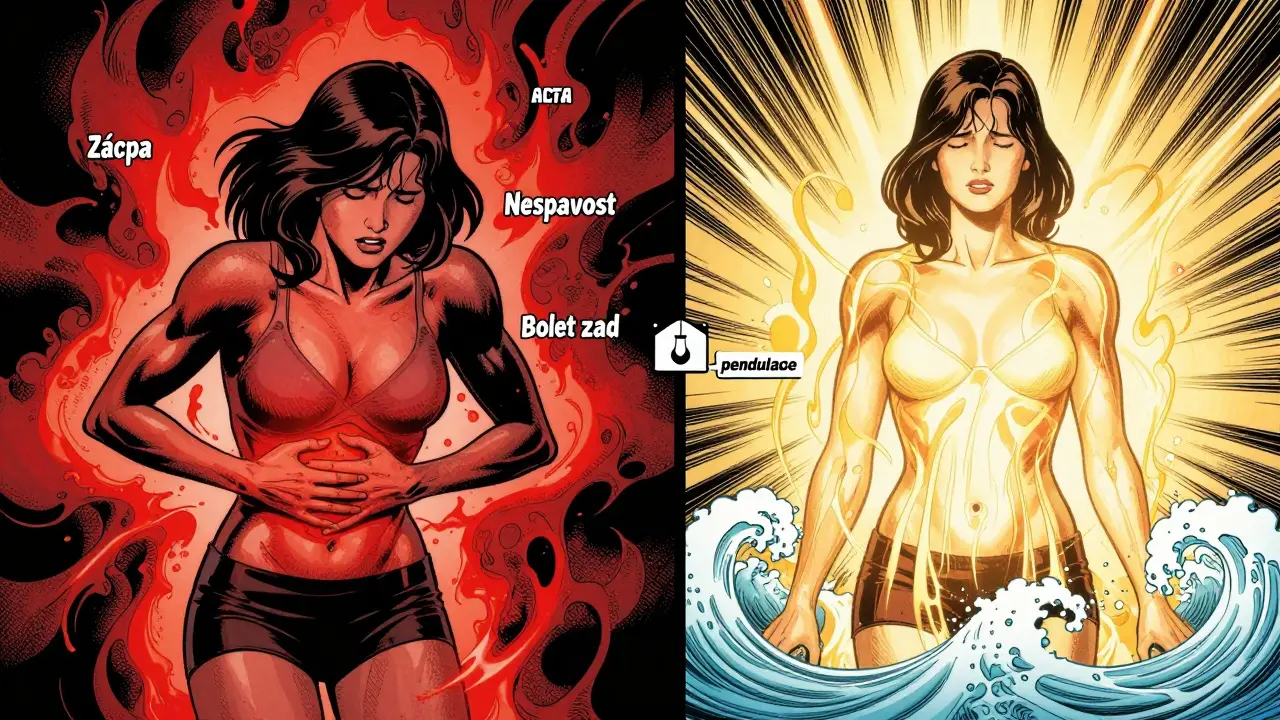 Žena v bolesti naproti ženě v klidu, s pendulum znázorňujícím přechod mezi stresem a klidem.