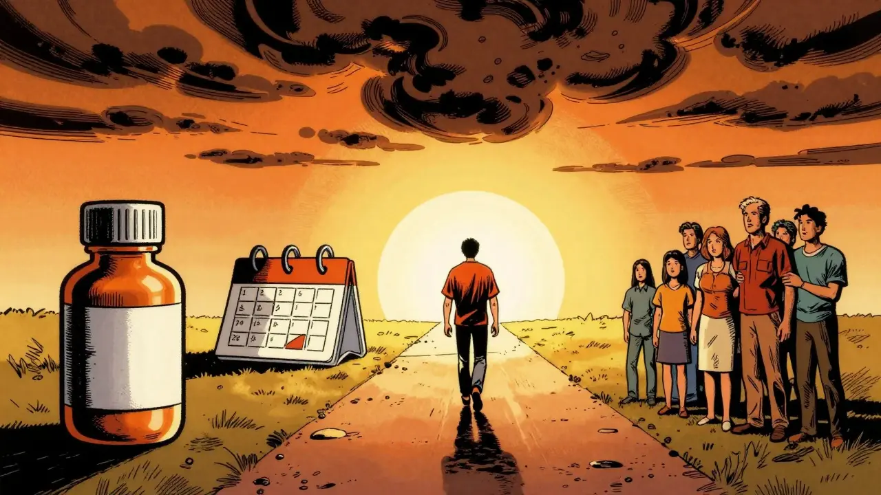 Cesta k uzdravení skrze léky, organizaci a podporu blízkých v stylu komiksu.